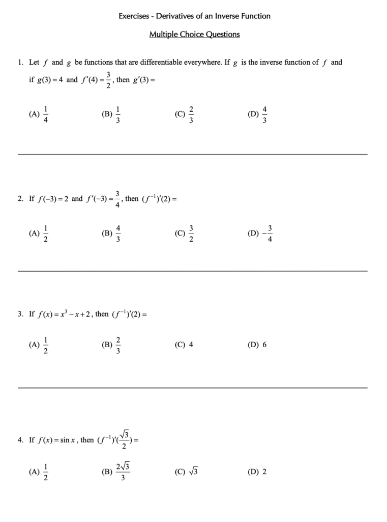 Derivatives of an Inverse Function in Differentiation